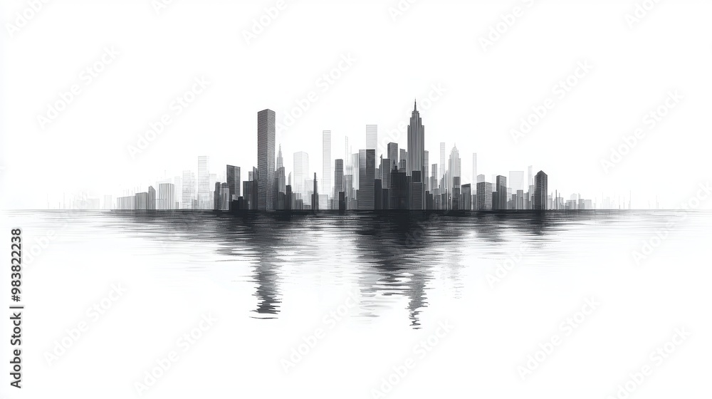 Naklejka premium A stunning silhouette of a modern city skyline reflected on calm water, creating a serene and minimalist urban landscape.