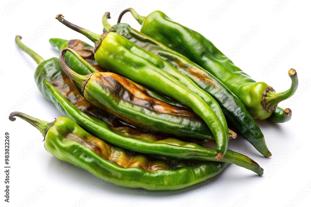 Aerial view of grilled green hot chili peppers isolated on white background with clipping path Aerial view of grilled green hot chili peppers isolated on white background with clipping path