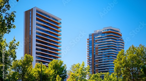 A captivating urban scene features sleek contemporary buildings set against a vibrant azure sky. photo