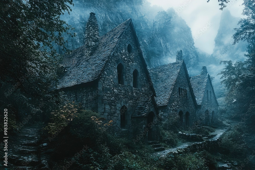Ancient Stone Houses Hidden in a Misty Forest Ancient Stone Houses Hidden in a Misty Forest