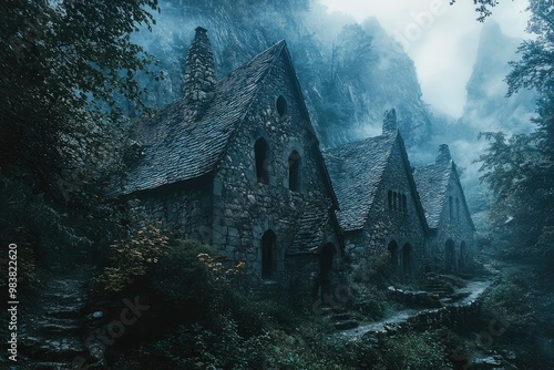 Ancient Stone Houses Hidden in a Misty Forest