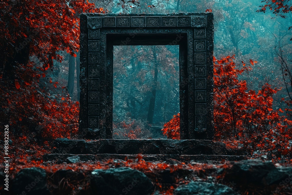 Ancient Stone Gateway in a Misty Forest Ancient Stone Gateway in a Misty Forest
