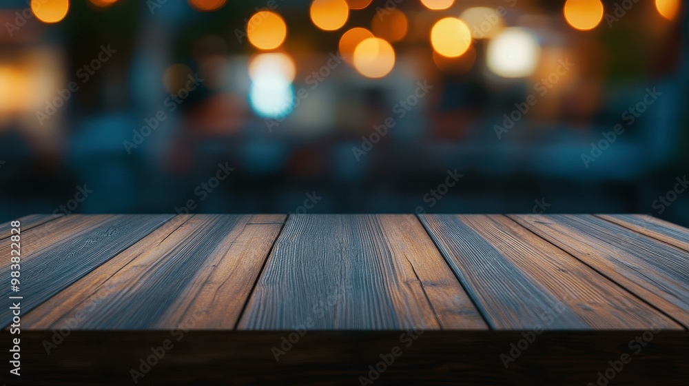 A dark wooden table awaits in front of a restaurant, ideal for product displays against a blurred bokeh backdrop. A dark wooden table awaits in front of a restaurant, ideal for product displays against a blurred bokeh backdrop.