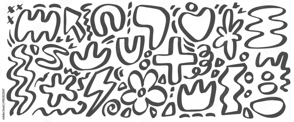 Abstract vector shapes. Organic doodle hand drawn graphic elements on white background. Cute minimal blobs scribbles and flower. Playful contemporary monochrome collage Abstract vector shapes. Organic doodle hand drawn graphic elements on white background. Cute minimal blobs scribbles and flower. Playful contemporary monochrome collage