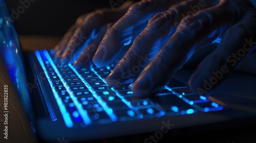 A doctor skillfully types on a laptop, using tech to communicate with patients and manage their health effectively. photo