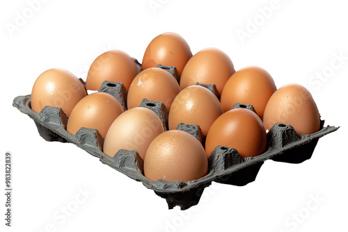 Brown eggs arranged neatly in a standard black egg carton on a white background, showcasing their uniform size and color, ideal for cooking or baking photo