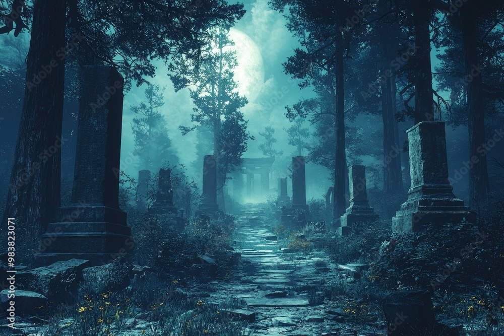 Fototapeta premium A Moonlit Path Through a Mysterious, Ancient Forest Cemetery