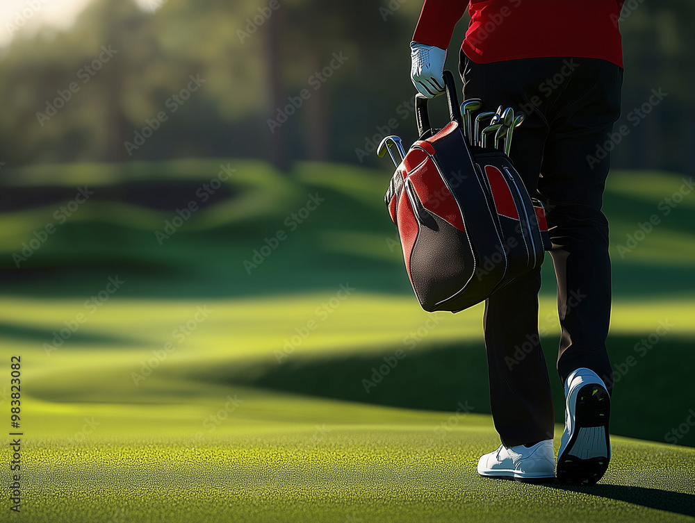 Caddie standing on a golf course holding a bag of clubs, Photorealistic textures of the grass, bag, and clubs, Calm and serene atmosphere, Detailed shot the equipment, Professional golf setting Caddie standing on a golf course holding a bag of clubs, Photorealistic textures of the grass, bag, and clubs, Calm and serene atmosphere, Detailed shot the equipment, Professional golf setting
