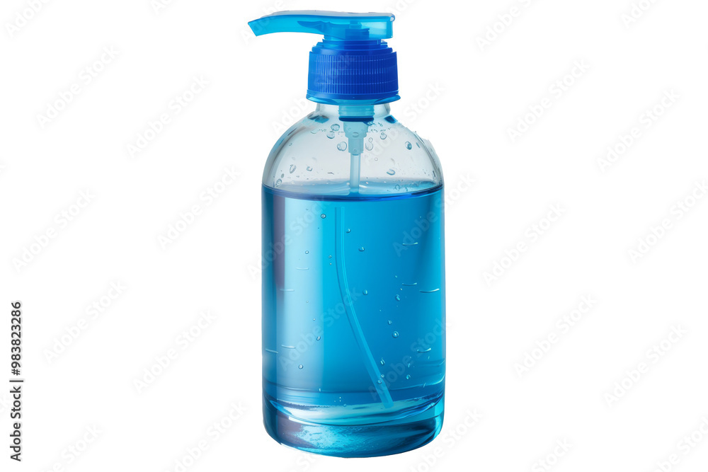 Clear bottle containing blue liquid on a white surface, demonstrating a hand pump mechanism ideal for dispensing various liquids in a controlled manner Clear bottle containing blue liquid on a white surface, demonstrating a hand pump mechanism ideal for dispensing various liquids in a controlled manner