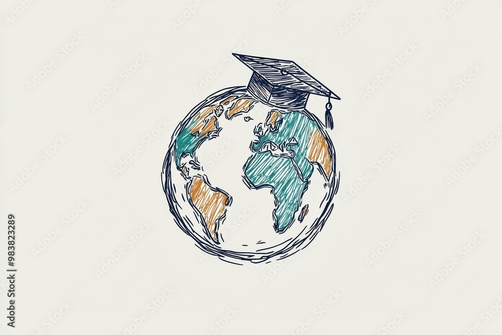 Illustration of a globe wearing a graduation cap, symbolizing global ...