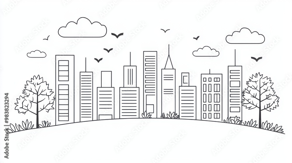 Obraz premium Minimalist city skyline illustration featuring trees, clouds, and birds in a serene landscape.