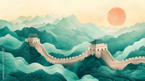 The Great Wall of China, flat design illustration in the style of simple background, colorful, cartoon style, green, wallpaper