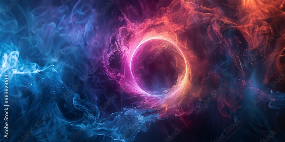 Obraz premium Vibrant fumes twirl within a luminous circle in a contemporary motif. Digital depiction.