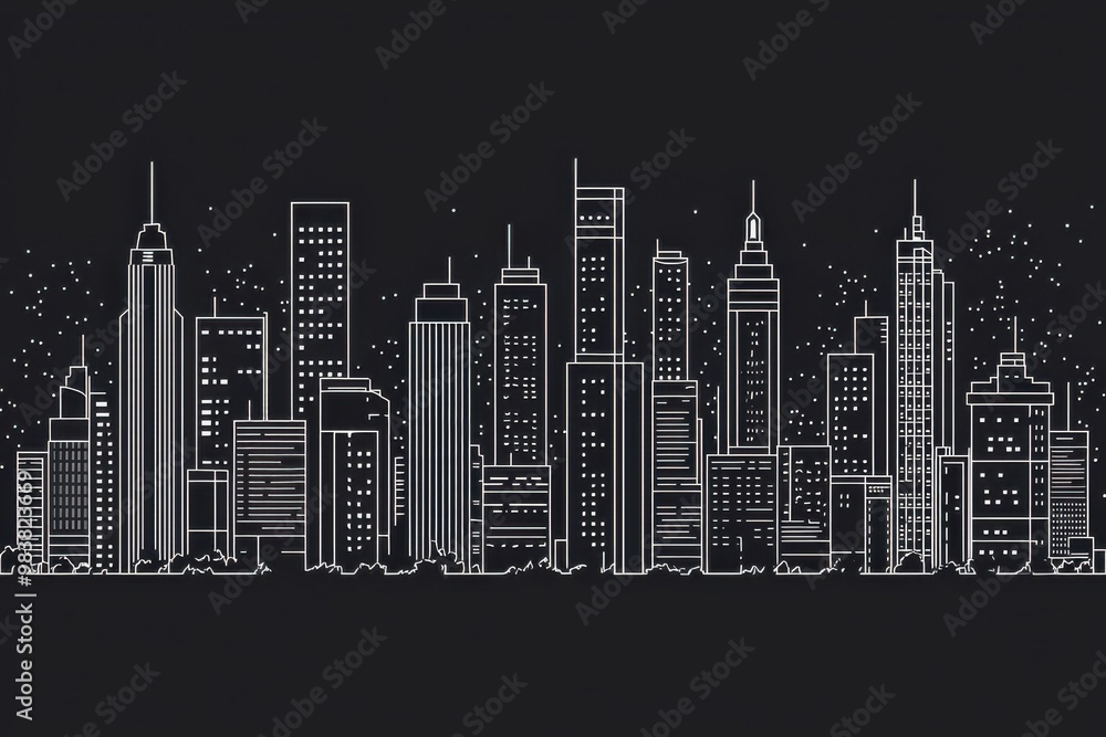 Fototapeta premium Stylized city skyline illustration featuring tall buildings against a dark background, perfect for modern design projects.