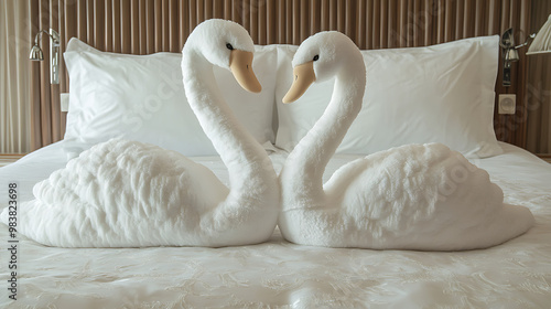 Towel art shaped like swans, sitting on cruise ship bed photo