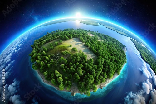 Fototapeta Naklejka Na Ścianę i Meble -  Aerial view of lush green earth and blue ocean