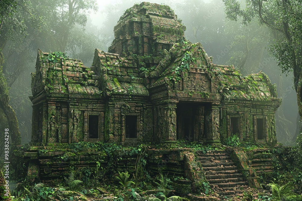 Ancient Stone Temple Overgrown with Lush Vegetation in a Foggy Jungle Ancient Stone Temple Overgrown with Lush Vegetation in a Foggy Jungle