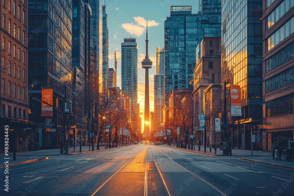 Empty City Street at Sunset with Tall Buildings and a Distant Tower Empty City Street at Sunset with Tall Buildings and a Distant Tower