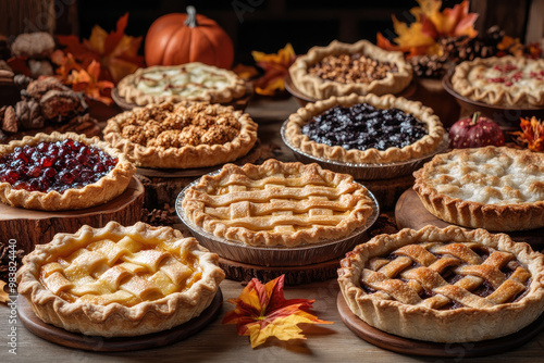 Assorted Homemade Thanksgiving Pies with Autumn Leaves