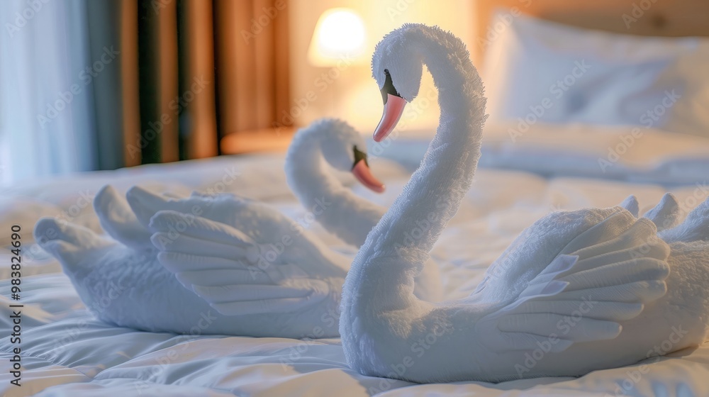 white swans made from towels on bed in the hotel white swans made from towels on bed in the hotel