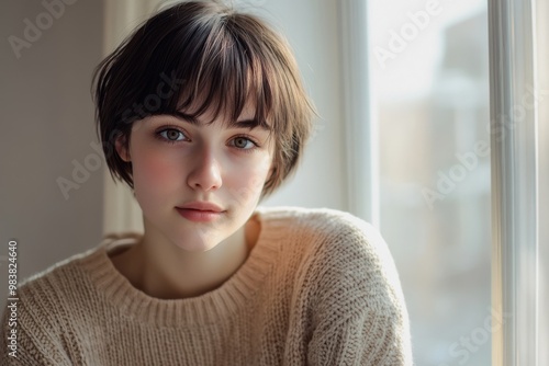 A image of a young woman with short, slightly messy hair