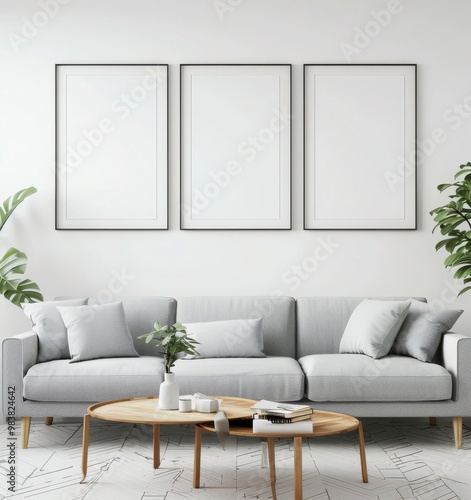 Minimalist living room interior with a gray sofa, wooden coffee table, and three blank picture frames.