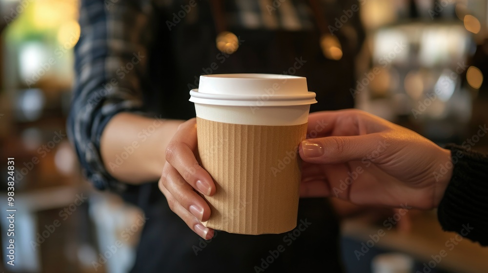 Barista handing a take-out coffee cup to a customer, warm and inviting cafe setting, focus on the coffee exchange Barista handing a take-out coffee cup to a customer, warm and inviting cafe setting, focus on the coffee exchange