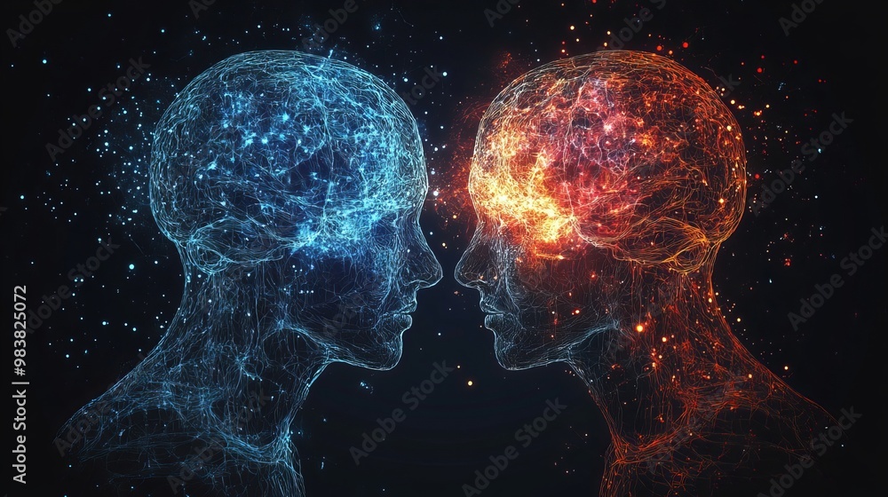 A pair of human heads with glowing brainwaves intertwined, visualizing cerebral cortex activity and synchronized thought processes, detailed neural design A pair of human heads with glowing brainwaves intertwined, visualizing cerebral cortex activity and synchronized thought processes, detailed neural design