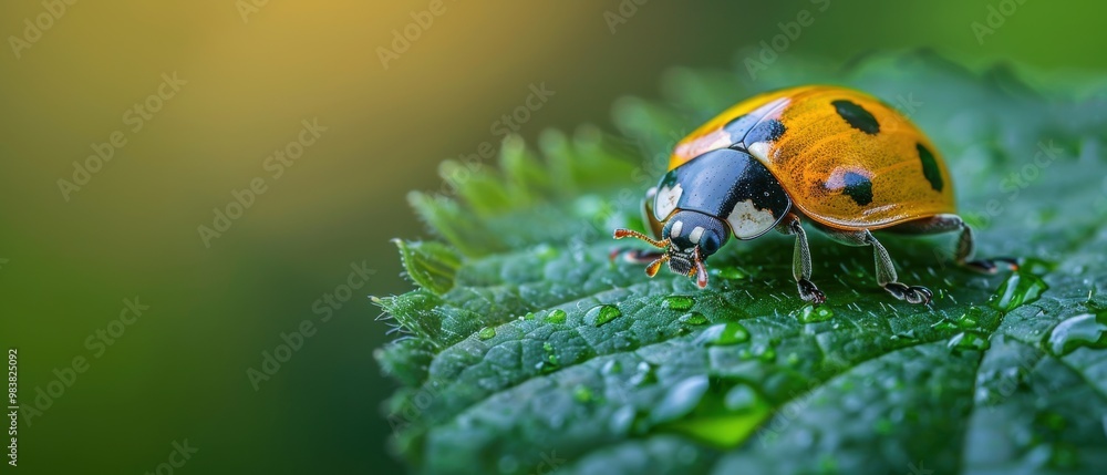 Ladybug on Green Leaf with Water Drops Ladybug on Green Leaf with Water Drops