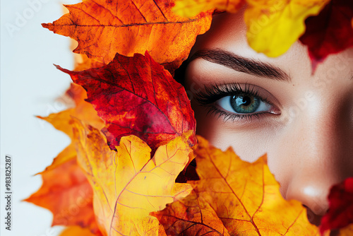 Portrait of a beautiful woman surrounded with fall leaves. Autumn cosmetic concept