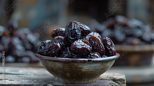 Priceless dried date fruit put on an aged pine table in a glazed bowl