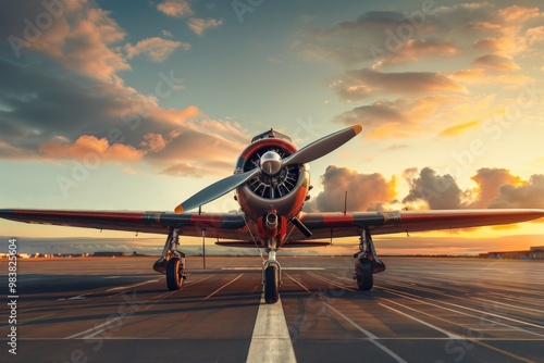 A vintage propeller plane on a runway, ready to take off against a vibrant sunset sky. photo