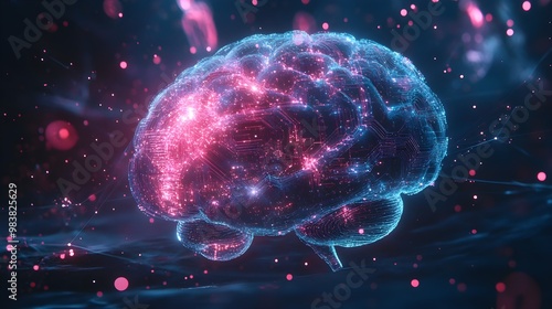 A transparent brain displaying complex digital patterns and mechanical gears, symbolizing the fusion of human thought and AI, Sci-Fi, Neon pink and blue, Digital rendering, Holographic accents