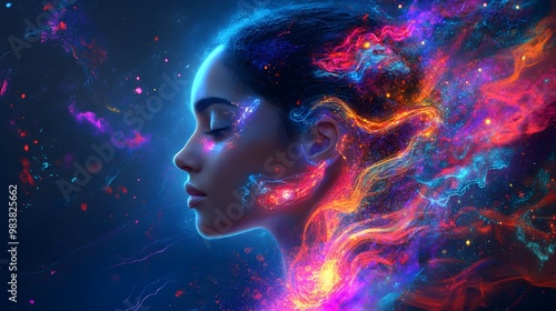 A woman's consciousness visualized with neon, glowing neural pathways, augmented reality interface, vibrant psychedelic waves around her head, futuristic lighting, digital painting