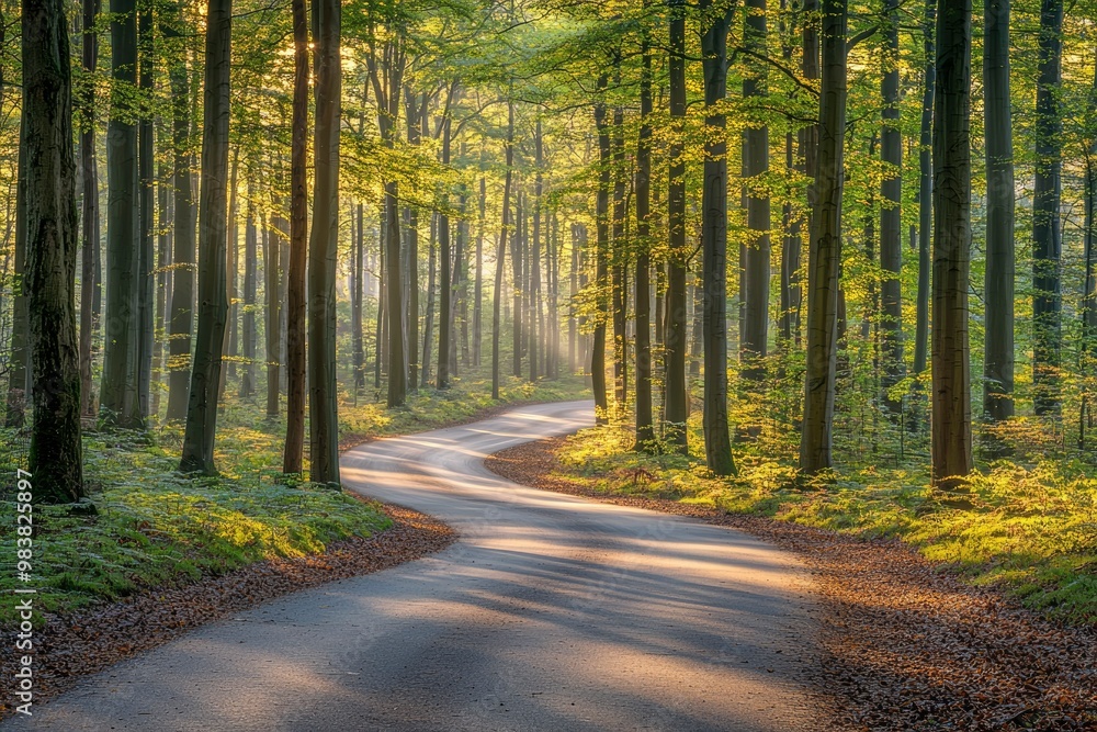 Fototapeta premium Winding Road Through Sunlit Forest