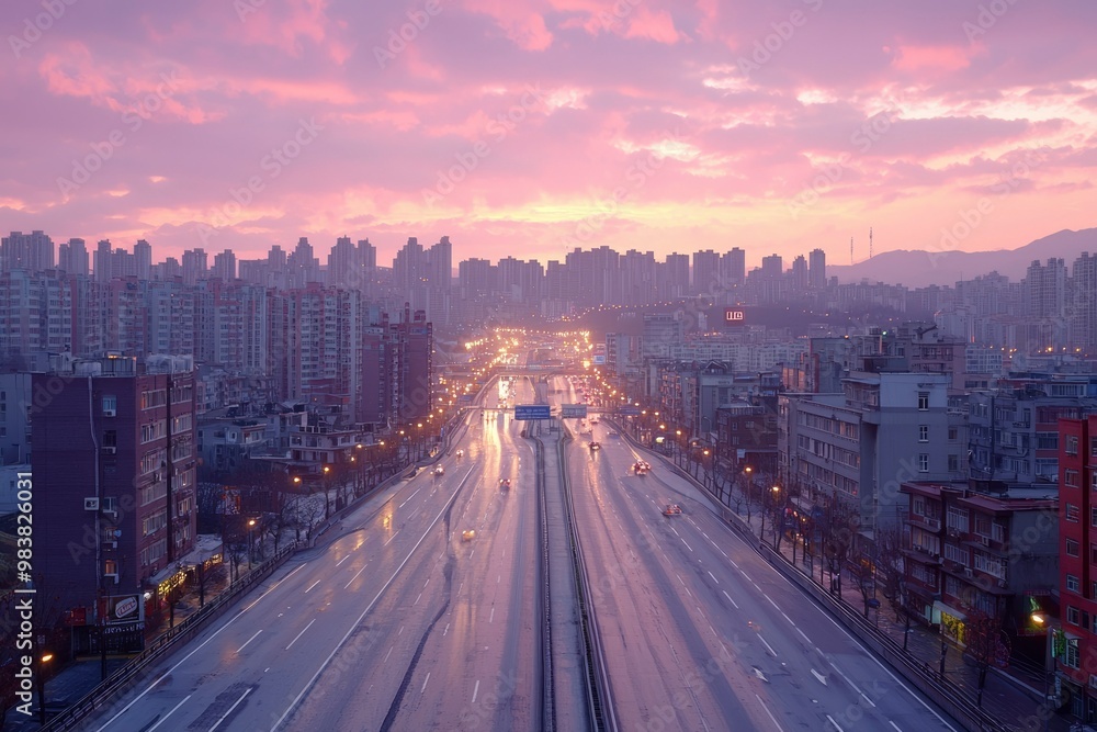 Fototapeta premium A City Highway Under a Pink Sky at Dusk