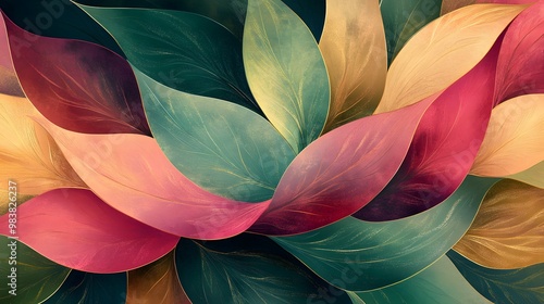 Abstract Artwork with Layered, Curved, and Intertwined Leaves in Warm Colors photo