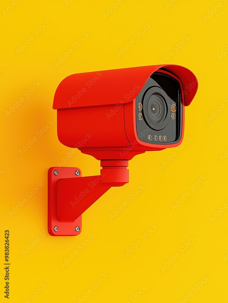 Red surveillance camera mounted on a bright yellow wall, showcasing modern security technology in vibrant colors. Red surveillance camera mounted on a bright yellow wall, showcasing modern security technology in vibrant colors.