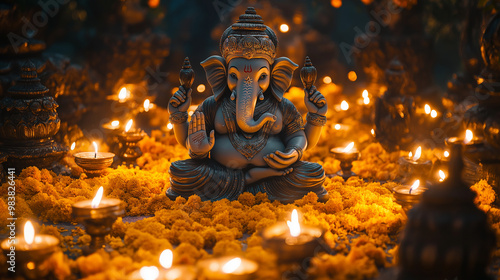 Ganesh and Lamps: Lord Ganesh in the center, surrounded by lit diyas and marigold garlands, with a soft, warm glow illuminating the scene, Ganesh