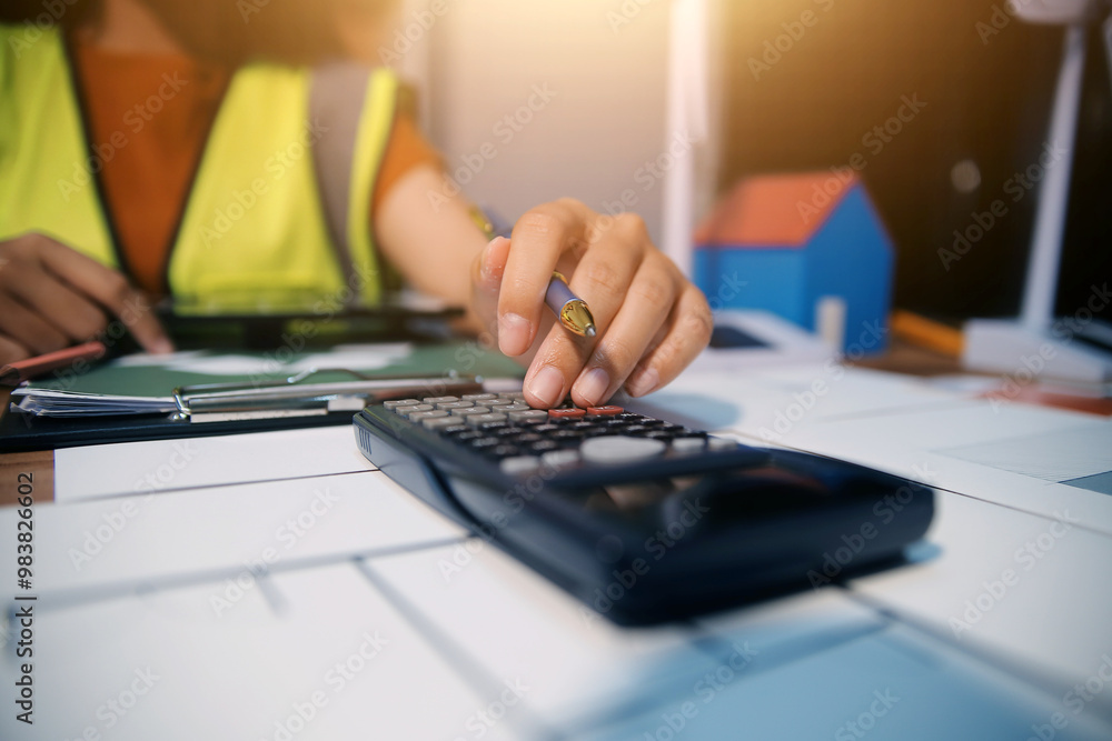 Female architect working at home She looked at the blueprint. Female architect working at home She looked at the blueprint.