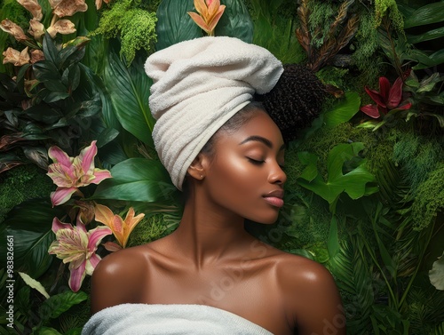 Peaceful Black woman with a towel wrapped around her, resting in a spa with a botanical garden theme, vibrant flowers in the background, joyful mood, serene atmosphere