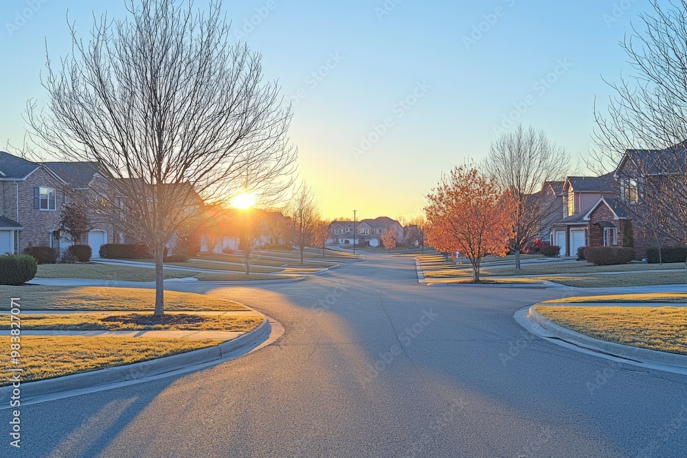 Suburban Street at Sunset with Bare Trees and Golden Grass Suburban Street at Sunset with Bare Trees and Golden Grass