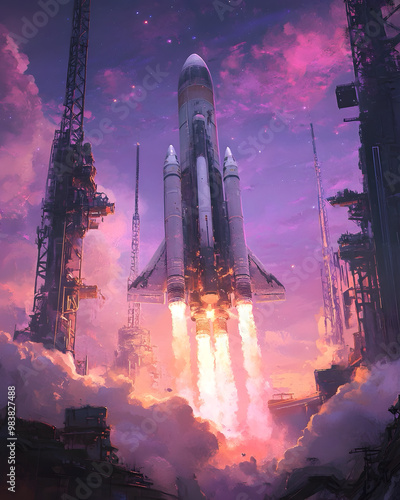 Fototapeta Naklejka Na Ścianę i Meble -  Realistic scene of a massive spaceship launching from a high-tech space station at dawn