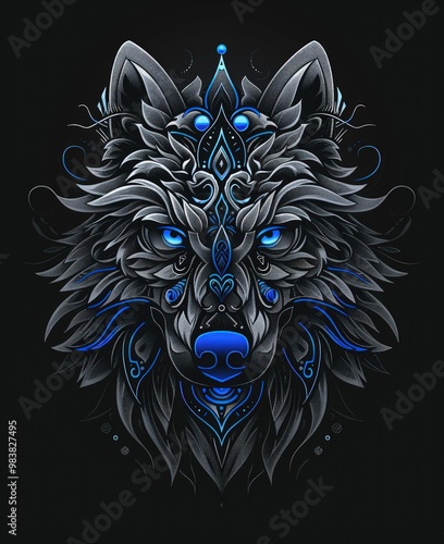 Intricate design of a wolf's head with blue eyes, adorned with ornate patterns.