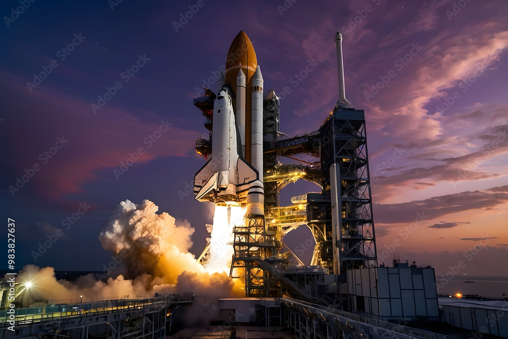 Realistic scene of a massive spaceship launching from a high-tech space station at dawn Realistic scene of a massive spaceship launching from a high-tech space station at dawn