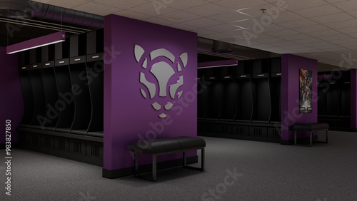 sleek, modern locker room with purple walls, black lockers, and benches. A stylized animal head logo is displayed on the wall. The space is well-lit, with a clean, organized layout.