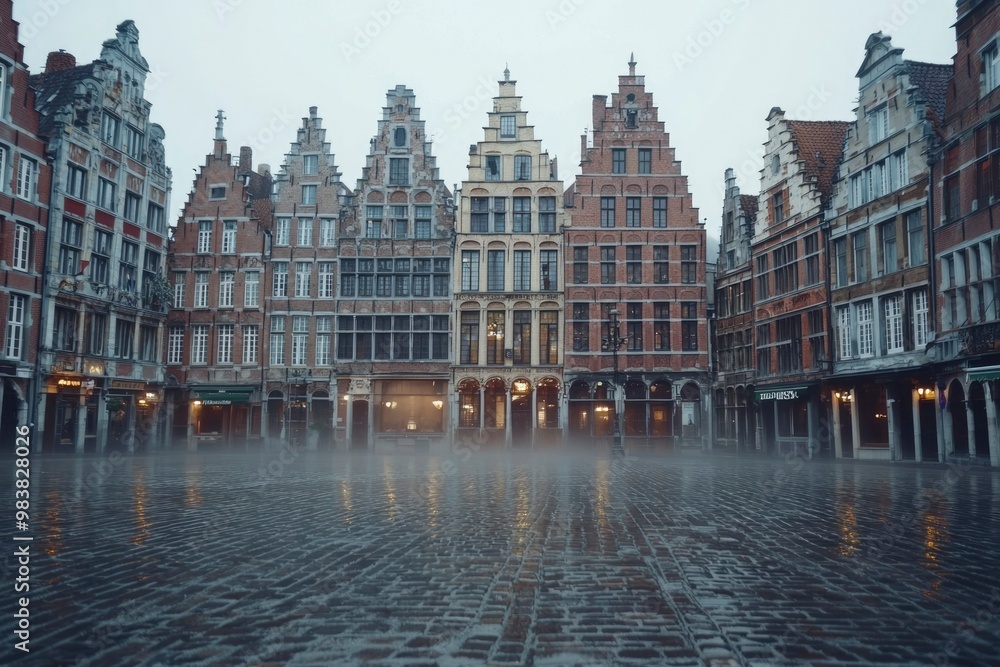 A row of historic brick buildings with fog and reflection in a cobblestone square A row of historic brick buildings with fog and reflection in a cobblestone square