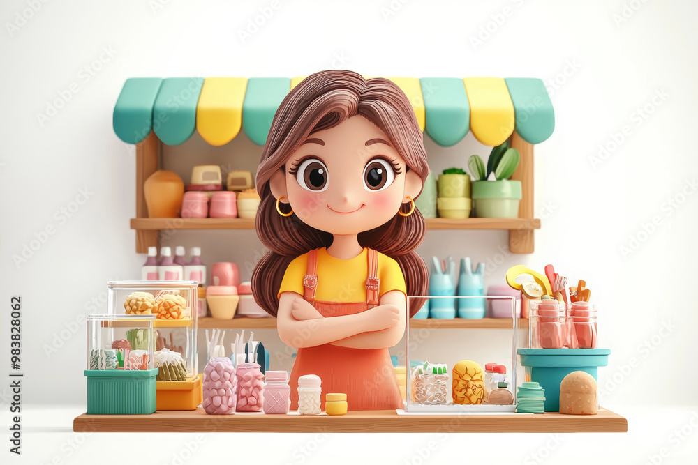 A cheerful character stands proudly behind a colorful candy shop counter filled with various sweets and treats in a whimsical setting A cheerful character stands proudly behind a colorful candy shop counter filled with various sweets and treats in a whimsical setting