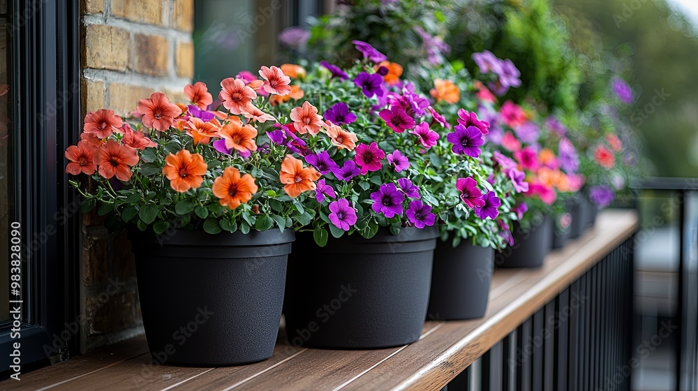 Obraz premium Bright Flower Pots on a Sunny Balcony