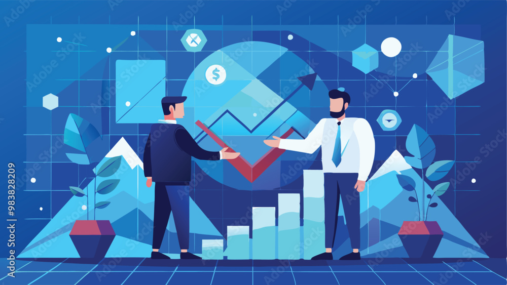 Fototapeta premium Print Chart Graph with Up Arrow Hologram and Businessmen Handshake on Technology Background Vector Illustration